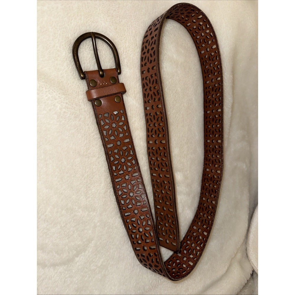 Lucky Boho Leather Belt Cut Out Floral Tan Women's XL